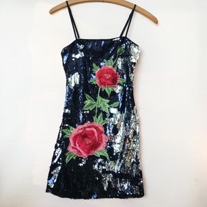Forever 21 Sequin Mini Dress Floral Black Silver